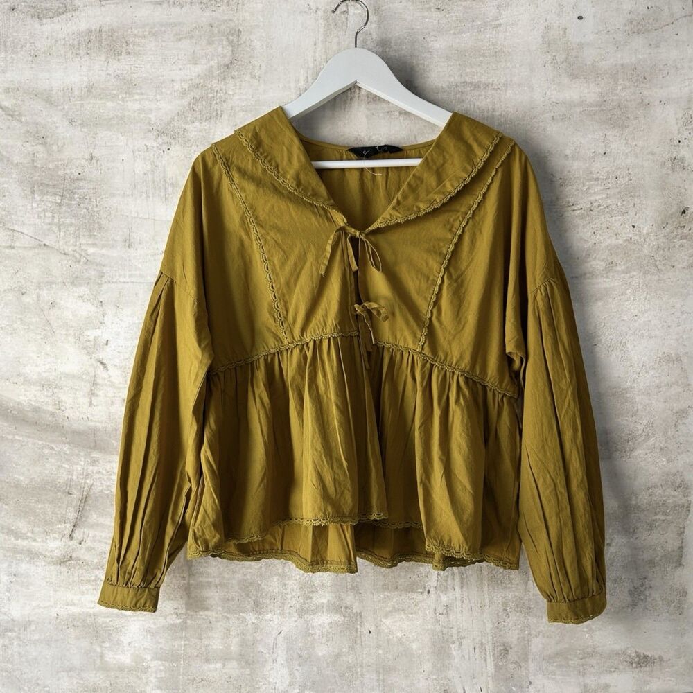 Anthropologie Calligraphie Yellow Mustard Tie-Front Peplum Lace Trim Sailor Top